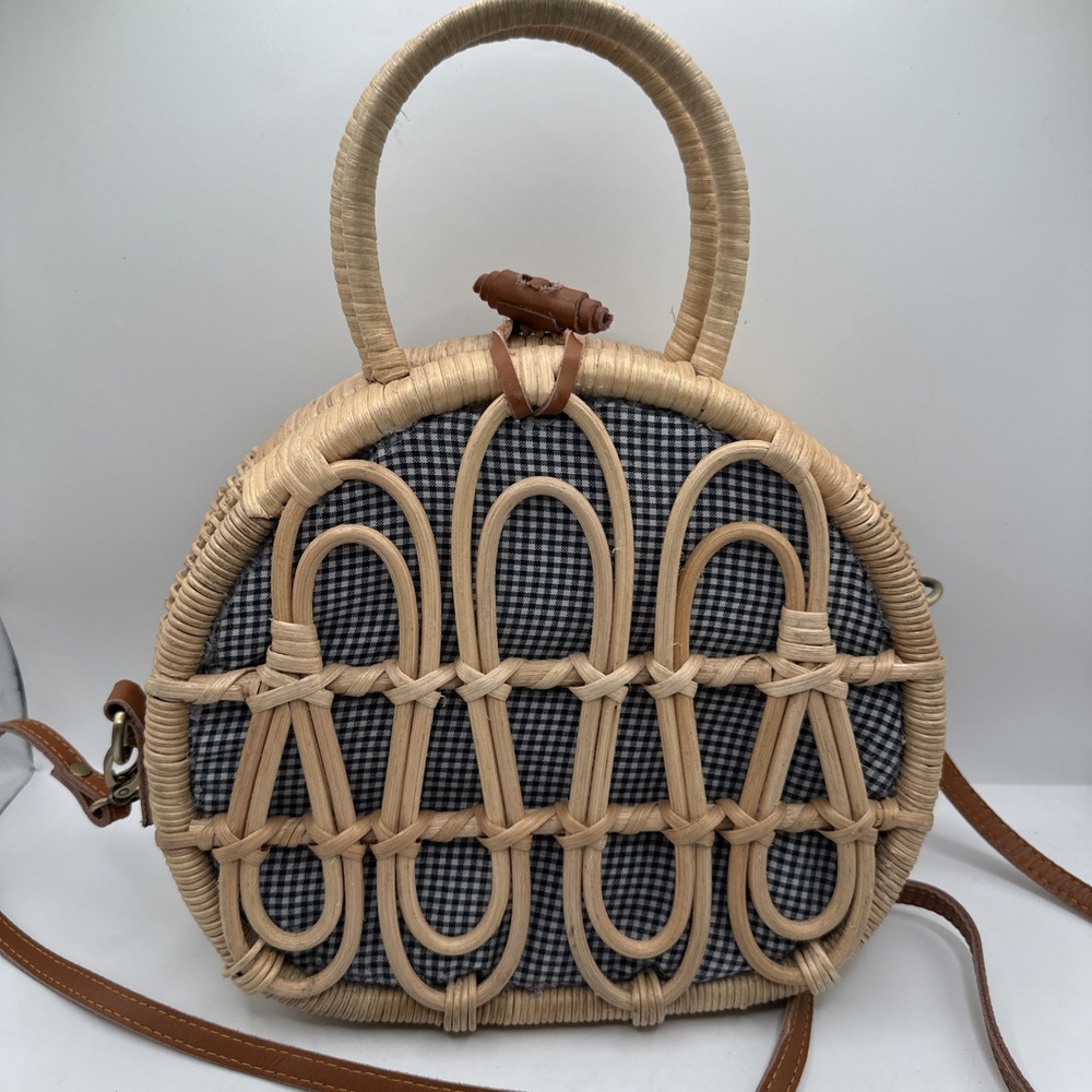 Anthropologie Mini Rattan Gingham Lined Suitcase Satchel Unique Worn On TV - Picture 3 of 10